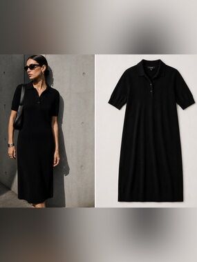 COS Black Knit Polo Dress XS Minimalist Midi Textured Quiet Luxury Edgy Workwear